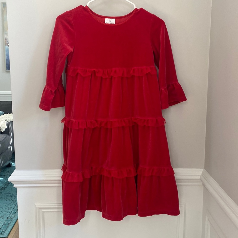 Hanna Andersson Red Tiered Ruffled Velvet Dress 140